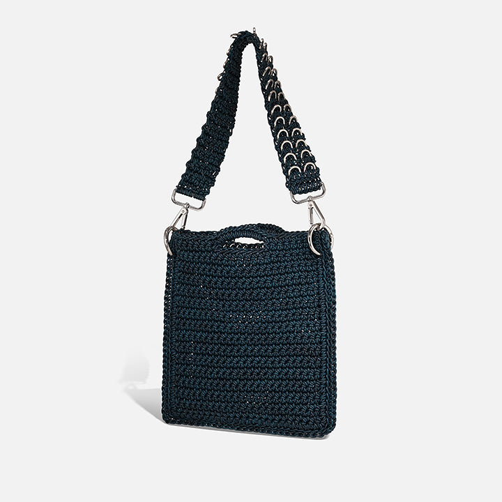 THE PITA BAG in petrol — back view showing crochet leather texture | PROVE'M WRONG
