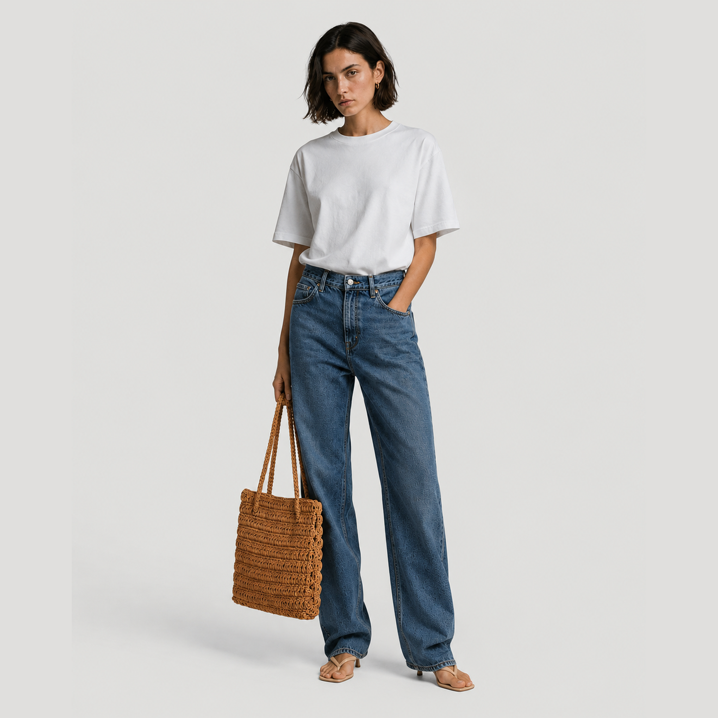 Model wearing THE STAPLE BAG in tan as a daily shoulder tote, styled with white tee and blue jeans