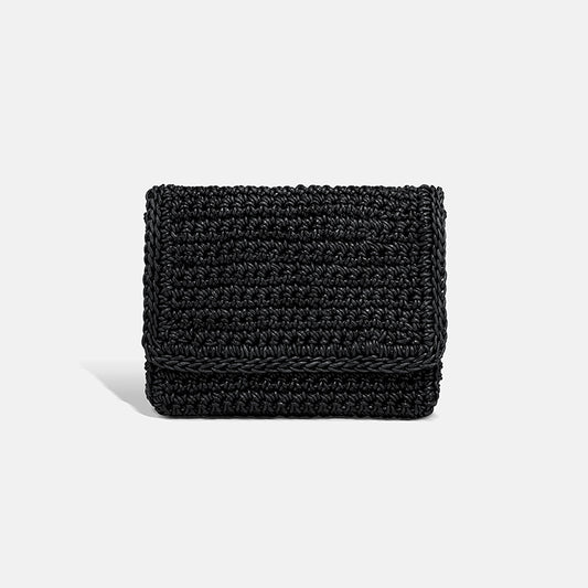 THE CLUTCH BAG in black — hand-crocheted leather evening clutch by PROVE'M WRONG, front view
