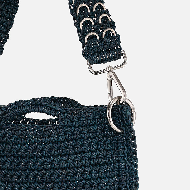 THE PITA BAG in petrol — side view of hand-crocheted leather bag by PROVE'M WRONG