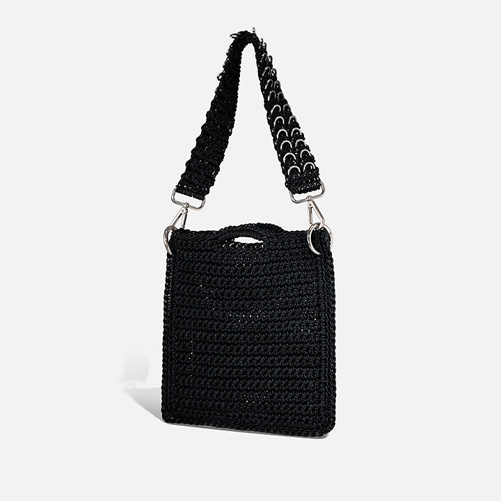 THE PITA BAG — side view of hand-crocheted leather crossbody by PROVE'M WRONG