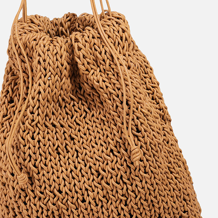 THE POUCH BAG in tan — detail of knitted leather and drawstring closure | PROVE'M WRONG