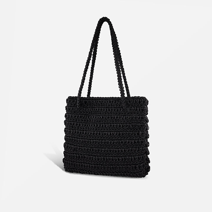 THE STAPLE BAG in black — back view of the hand-crocheted leather tote | PROVE'M WRONG