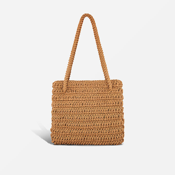 THE STAPLE BAG in tan — hand-crocheted leather shoulder tote by PROVE'M WRONG, front view