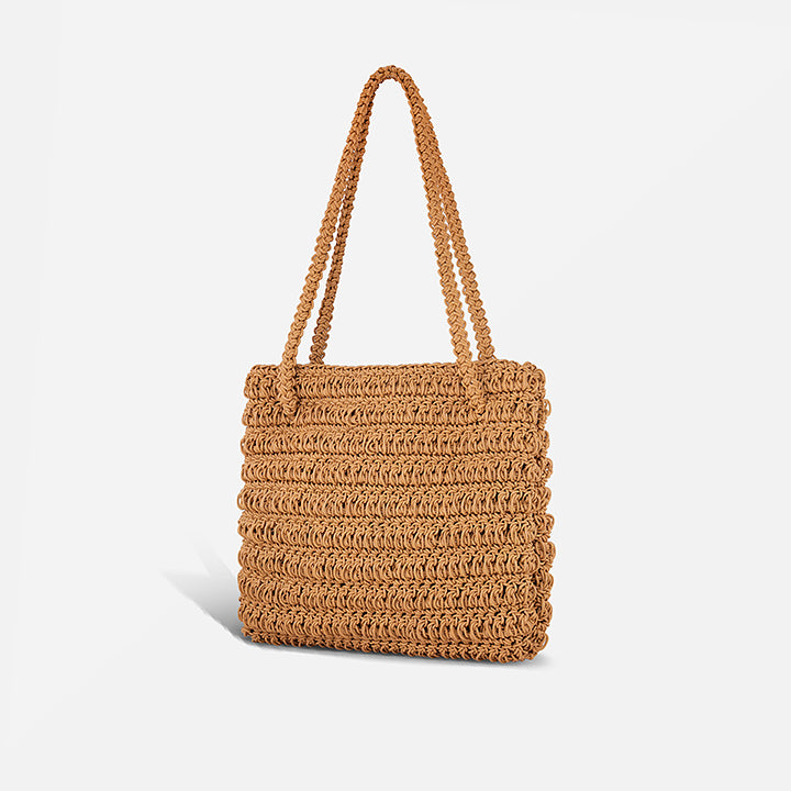 THE STAPLE BAG in tan — back view of the hand-crocheted leather tote | PROVE'M WRONG