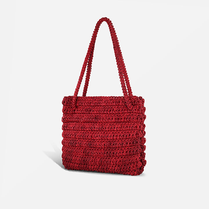 THE STAPLE BAG in red — back view of the hand-crocheted leather tote | PROVE'M WRONG