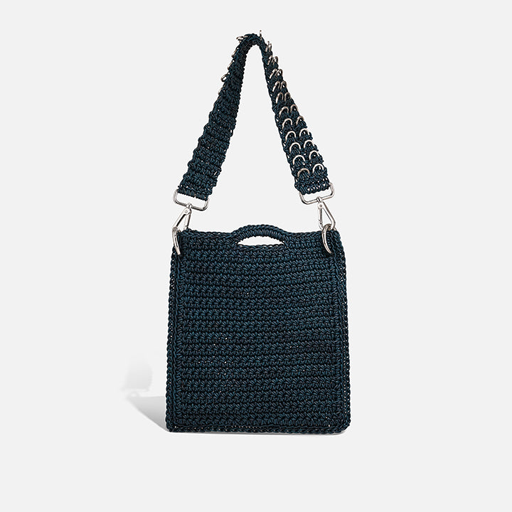 THE PITA BAG in petrol — hand-crocheted leather crossbody, front view | PROVE'M WRONG