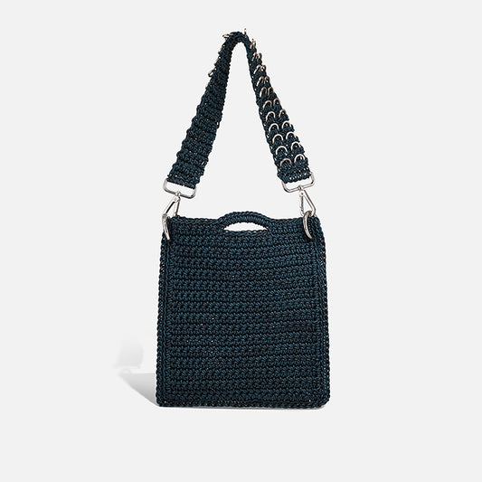 THE PITA BAG in petrol — hand-crocheted leather crossbody, front view | PROVE'M WRONG
