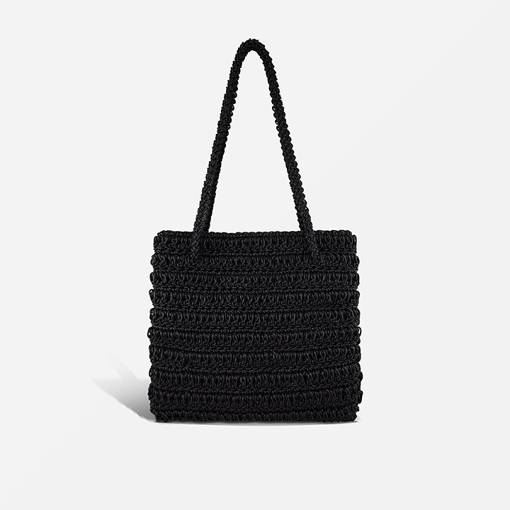 THE STAPLE BAG in black — hand-crocheted leather shoulder tote by PROVE'M WRONG, front view