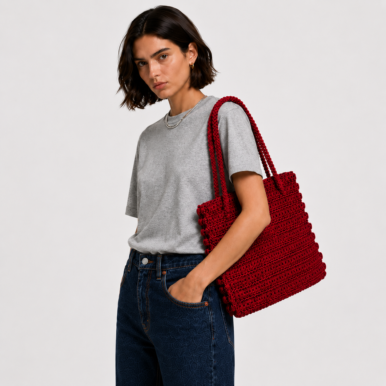 Close-up of THE STAPLE BAG in red on model's shoulder, hand-crocheted leather texture visible
